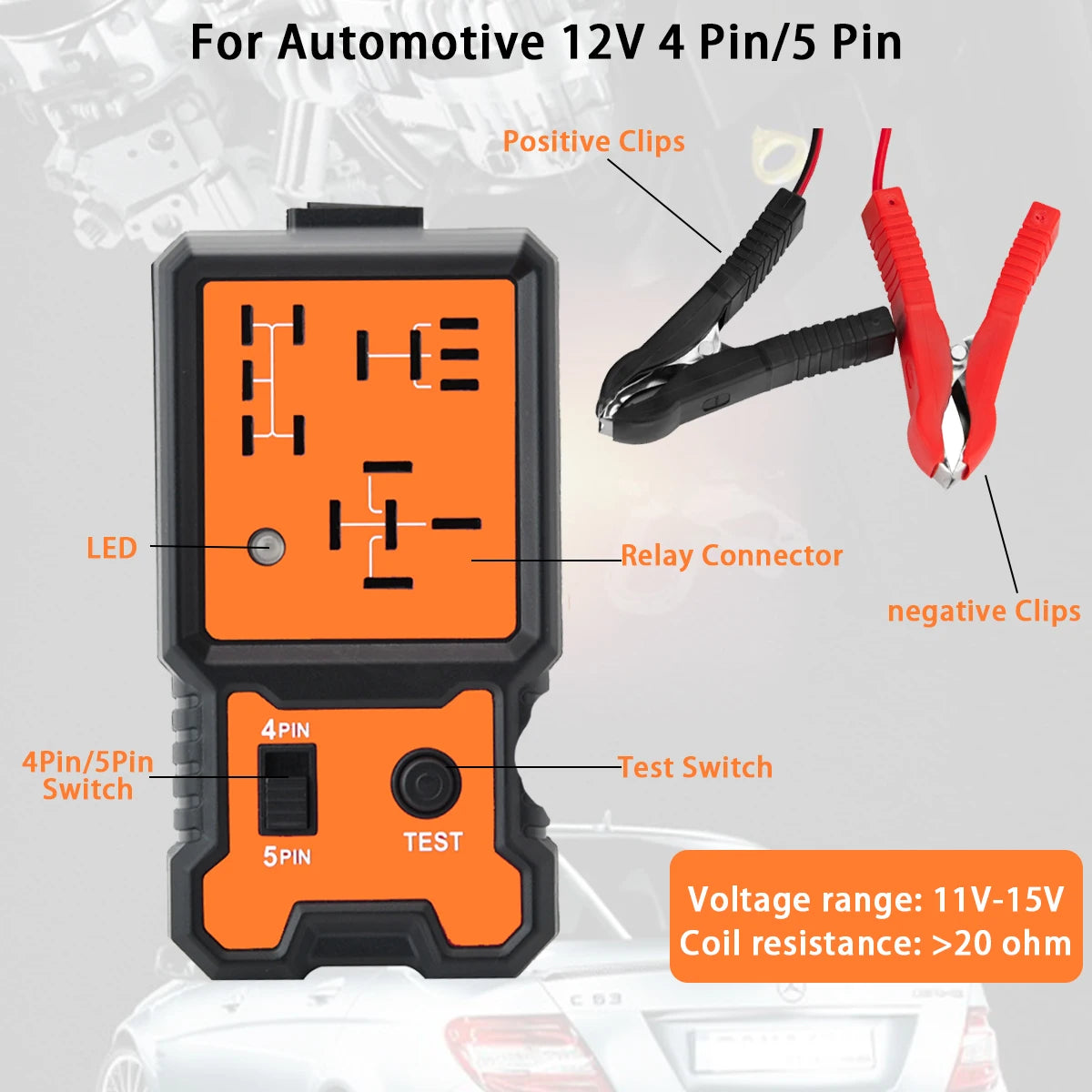 A compact automotive relay tester with positive and negative clips, LED, and test switch for 4pin/5pin relays.