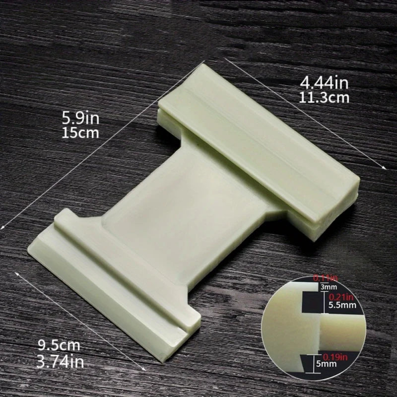 A white laminate flooring installation kit shown with dimensions and a close-up view of the component.