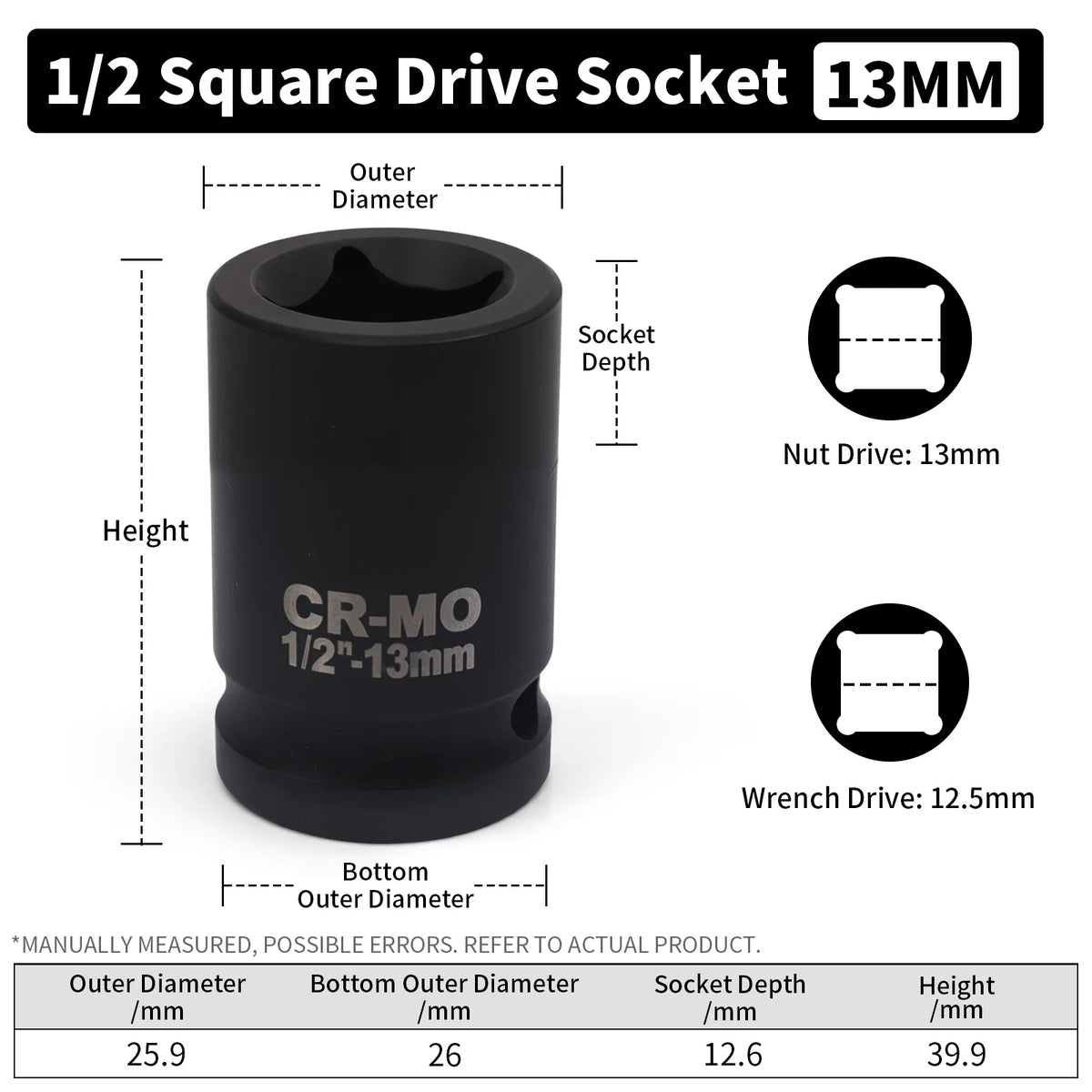 A black 1/2 square drive socket with a 13mm drive size and various dimensions shown.