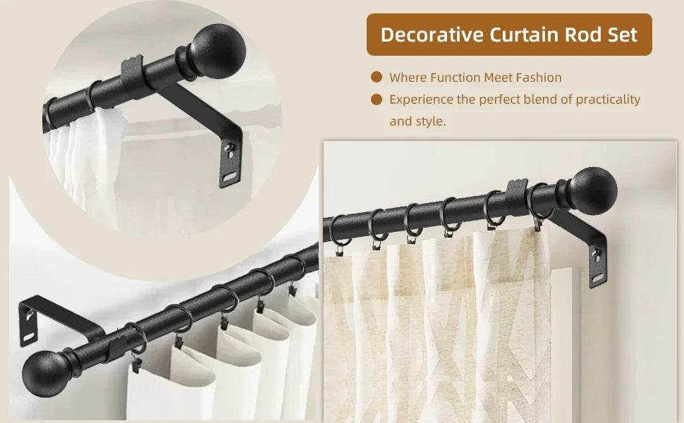 A set of matte black heavy duty curtain rods with finial heads shown mounted on a white curtain.