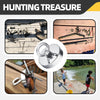 A collection of fishing magnets and related tools are shown on a surface, with people fishing in water.