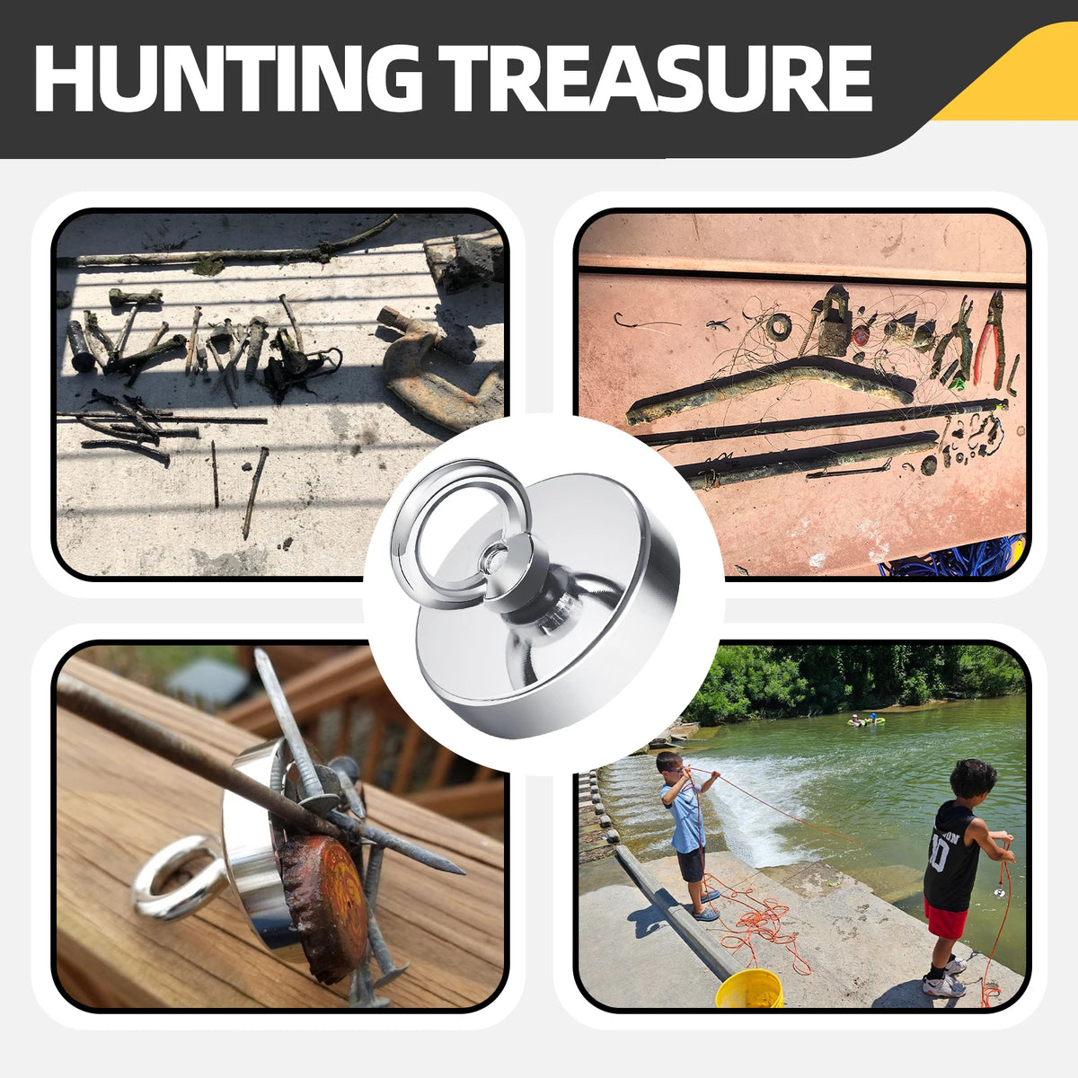 A collection of fishing magnets and related tools are shown on a surface, with people fishing in water.