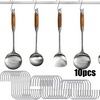 A set of five stainless steel hanging spoons and a bundle of metal wire hooks.
