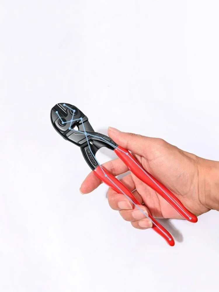 A hand holds a black heavy-duty bolt cutter with red handles and visible spring and notch features.