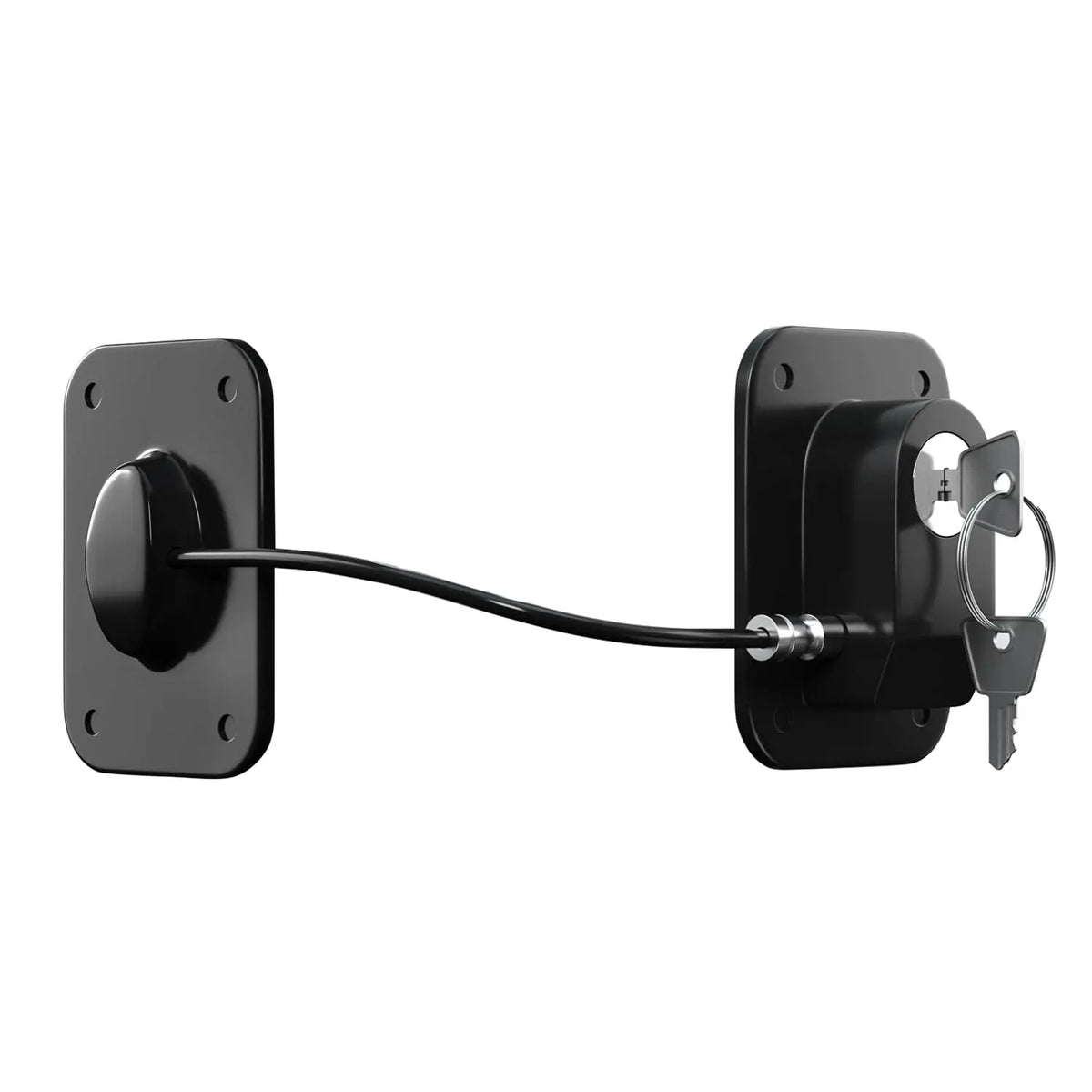 Black silicone refrigerator lock for kids and pets with a flexible cord.