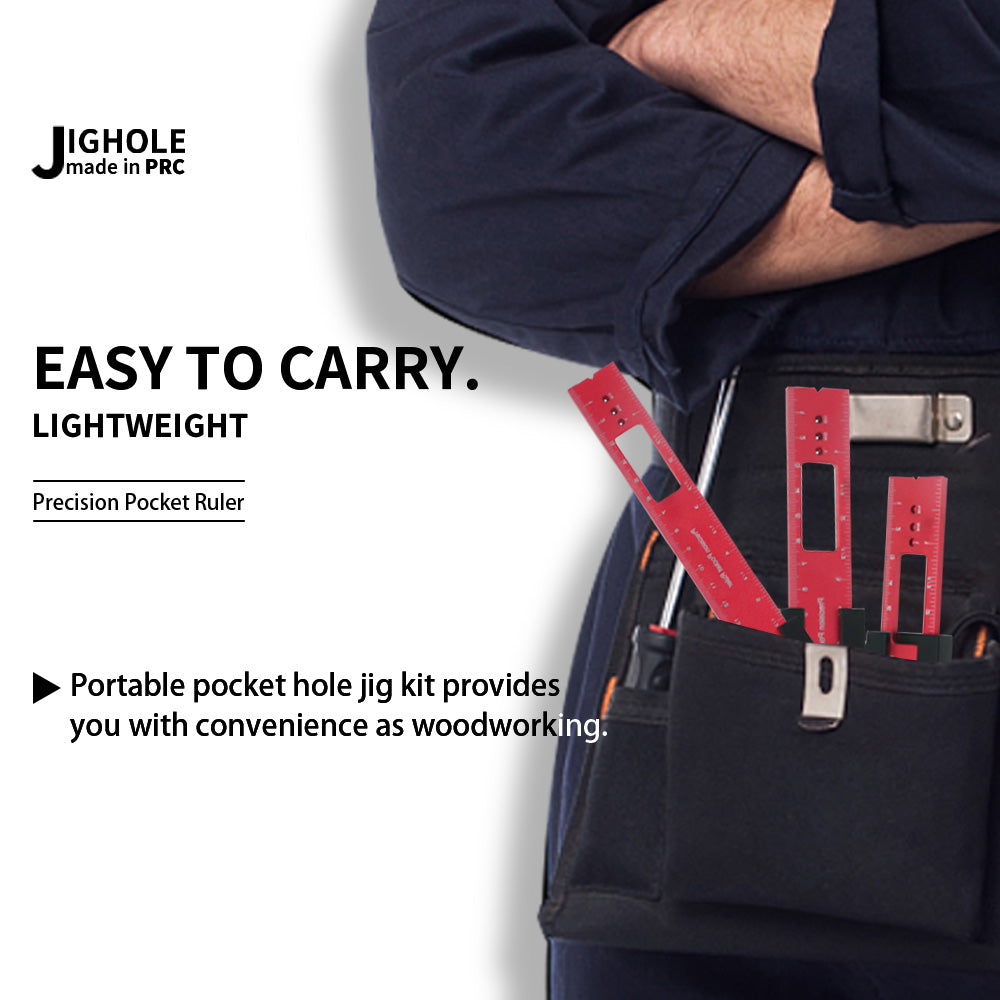 A red precision pocket ruler is shown inside a black tool pouch, demonstrating its portability for woodworking.