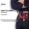 A hand holds a black tool pouch containing a red precision pocket ruler and other woodworking tools.
