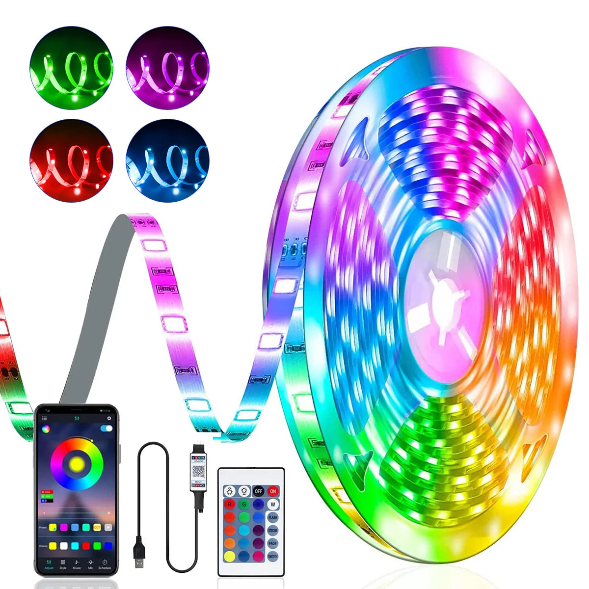 An RGB LED strip light featuring a flexible, customizable lighting design and an accompanying control panel.
