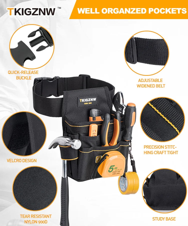 Black TKIGZNW tool bag with quick-release buckle, Velcro design, and tear-resistant nylon.