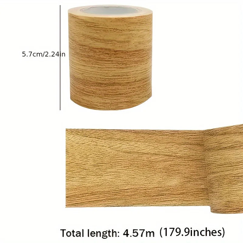 Roll of faux wood grain repair tape showing the texture and dimensions.