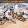 A single stainless steel pulley block with various sized hooks and hardware laid out on a wooden surface.