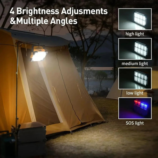 A solar flood light is shown with four brightness adjustments: high, medium, low, and SOS light modes.