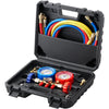 A black storage case containing a set of three-way refrigerant gauges with colored hoses and fittings.