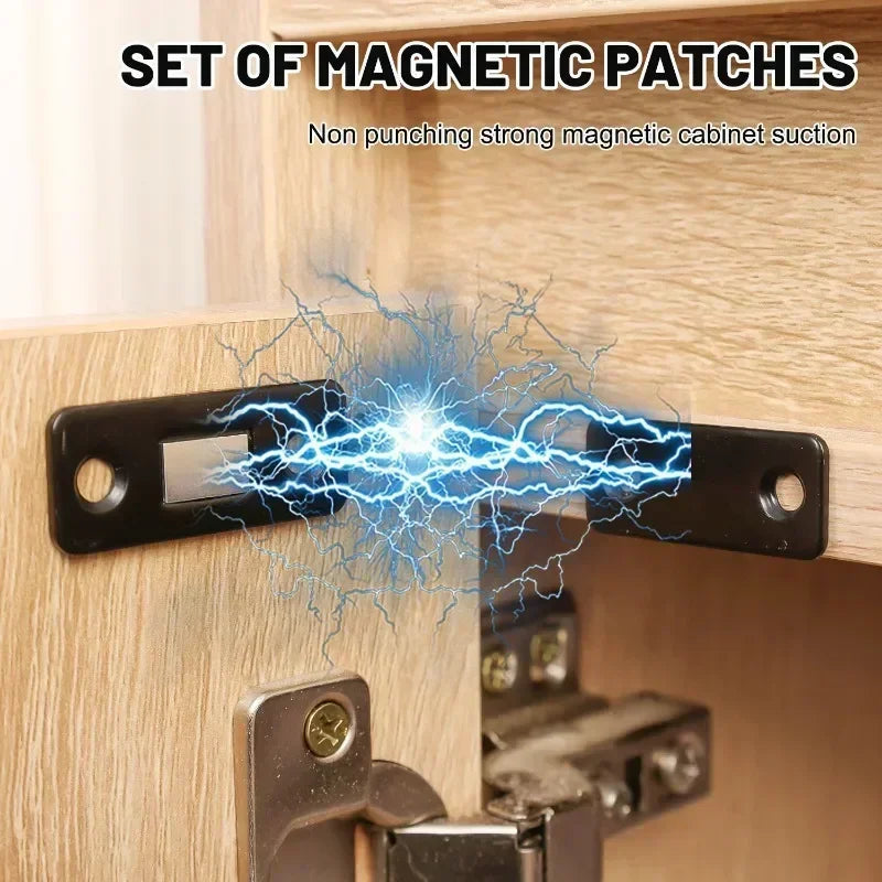 Set of magnetic patches showing strong magnetic cabinet suction on a wooden surface