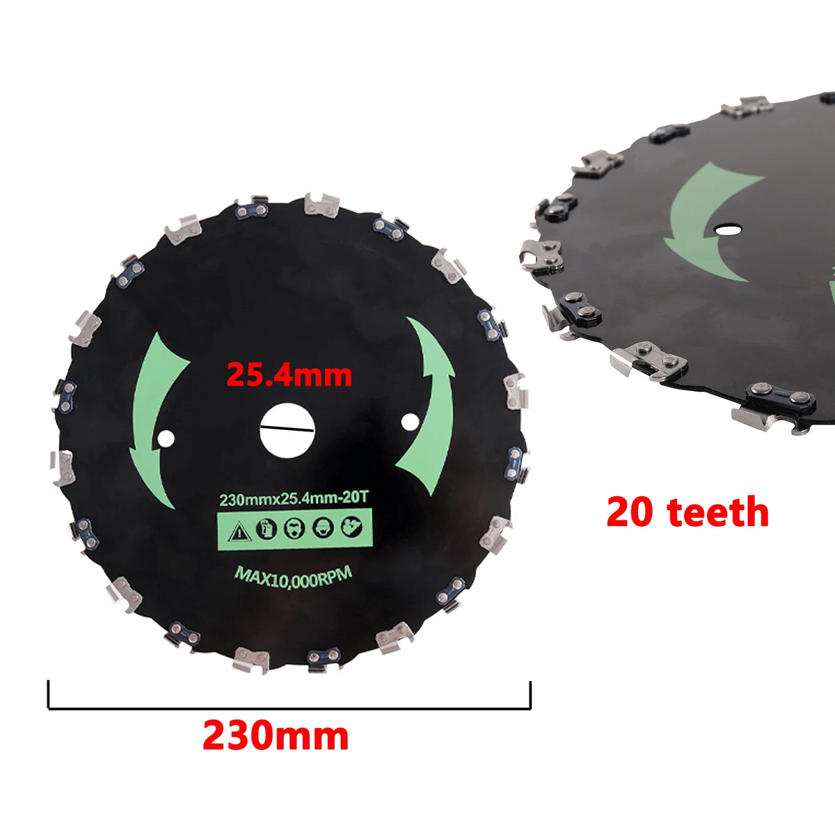 Lame de tronçonneuse noire pour tondeuse, avec 20 dents et un diamètre de 25,4 mm.
