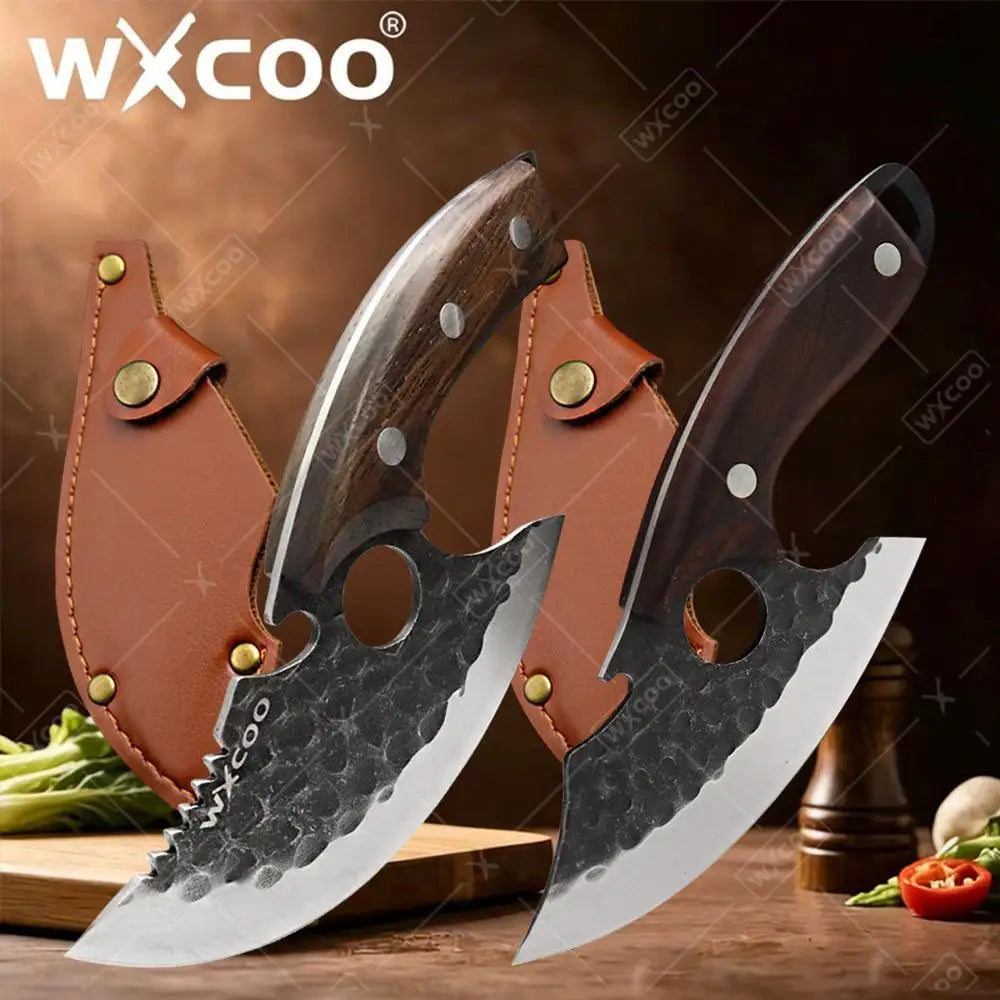 A forged stainless steel boning knife with a wooden handle and bottle opener displayed on a wooden surface.