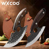 A forged stainless steel boning knife with a wooden handle and bottle opener displayed on a wooden surface.