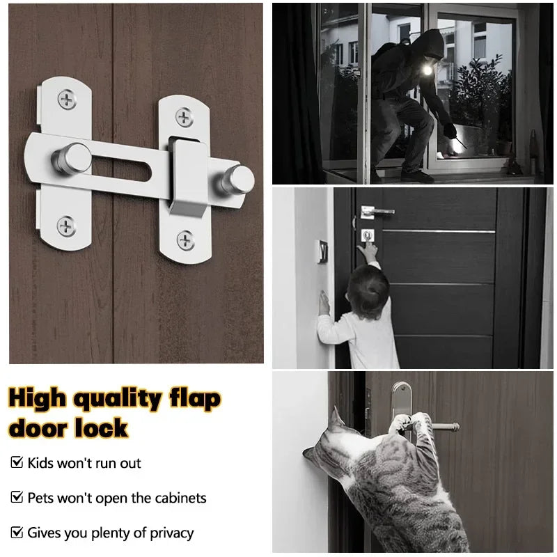 A white stainless steel flap door lock installed on a wooden door, demonstrating security and privacy features.