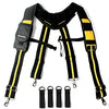 Black and yellow heavy-duty tool belt suspenders with phone holders displayed on a white background.