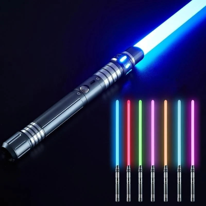 A silver lightsaber with a blue laser beam and several colored LED lights displayed below.