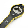 A yellow and black heavy-duty car jack ratchet wrench is shown with a visible hexagonal socket.