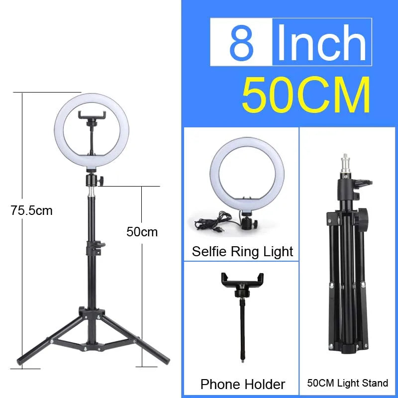 Anillo de luz para selfies negro de 8 pulgadas con soporte y adaptador para teléfono.