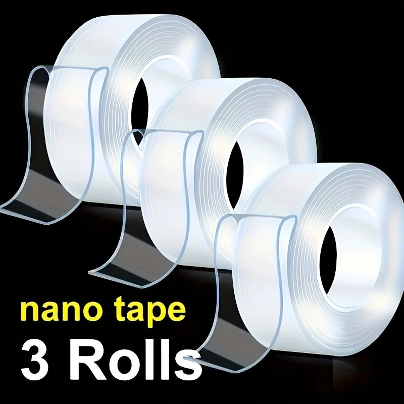 Three rolls of nano tape, a clear double-sided mounting tape, are displayed against a black background.