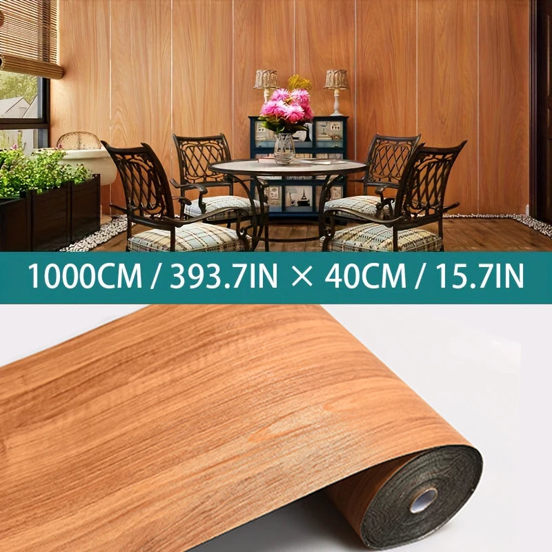 Roll of wood grain self-adhesive wall stickers showing a natural brown texture.