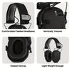 Various views of professional noise reduction ear muffs showing features like vertically volume, deeper earcup, and light wei