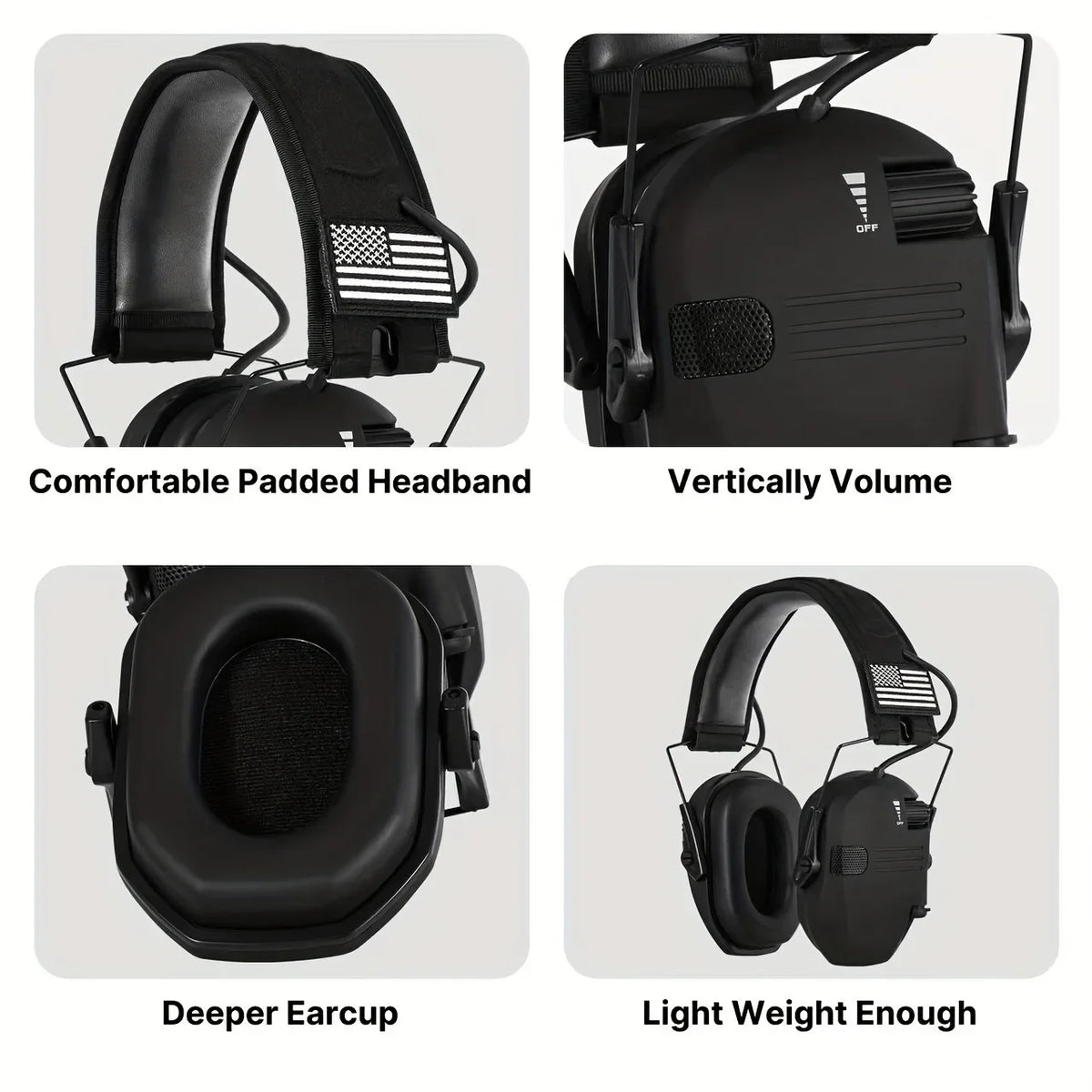 Various views of professional noise reduction ear muffs showing features like vertically volume, deeper earcup, and light wei