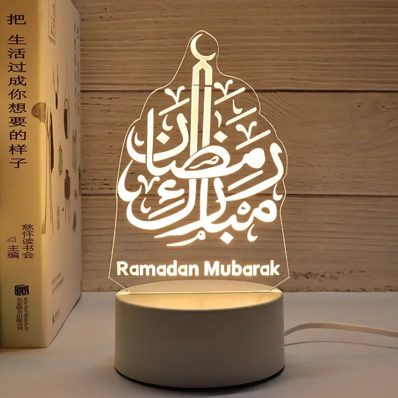 مصباح ليلي من الأكريليك يضيء بإضاءة LED ويحمل خط عربي لزينة رمضان مبارك.