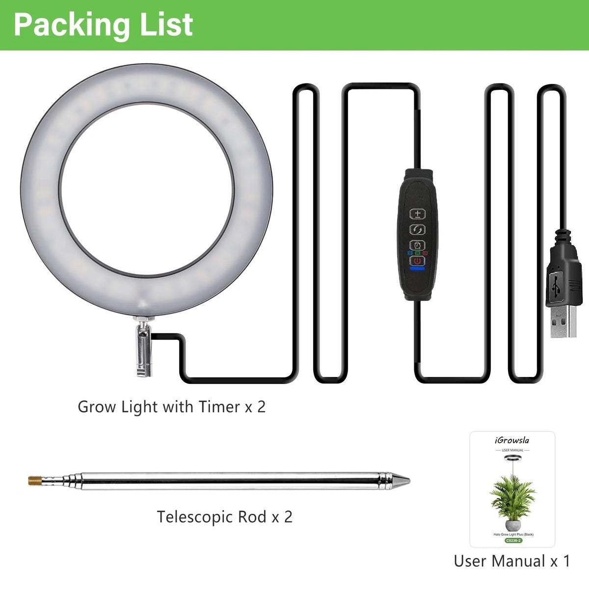 Lista de empaque que muestra una luz de cultivo, dos varillas telescópicas y un manual de usuario para plantas de interior.