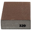 A rectangular sanding sponge block with a brown top layer and a gray bottom layer, marked with the number 320.