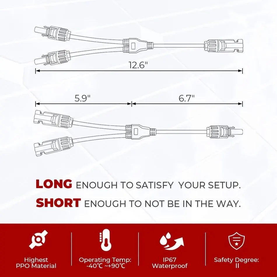 Diagram showing long and short Y-branch parallel solar connectors with various lengths and specifications.