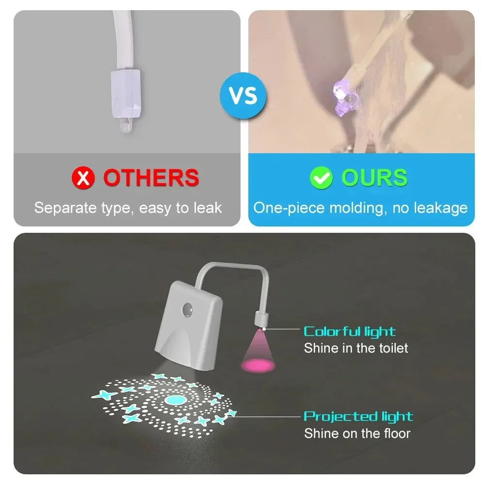 A white motion sensor night light with a pink light projection shining on the floor.
