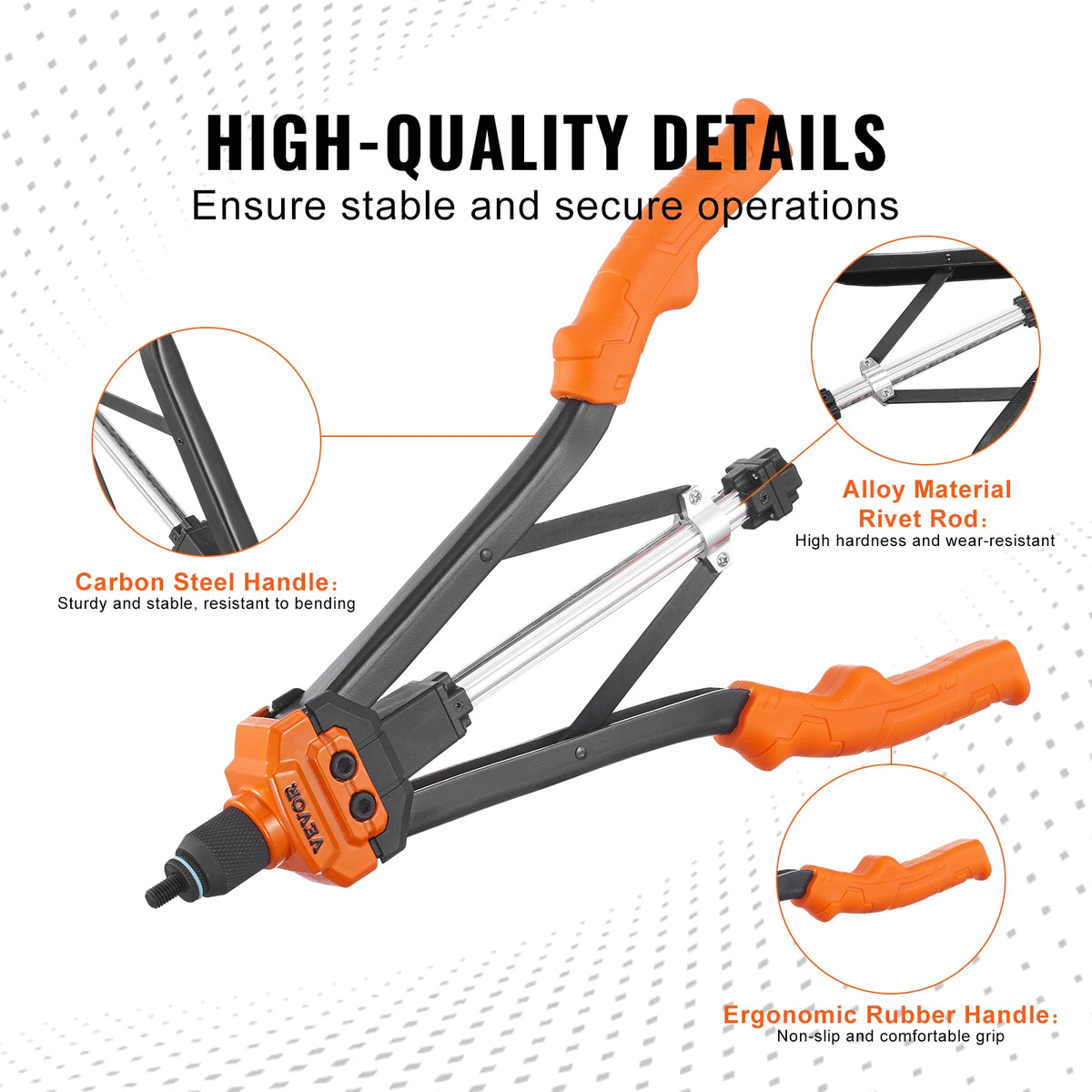 Orange and black professional rivet nut tool with alloy rivet rod and ergonomic rubber handle