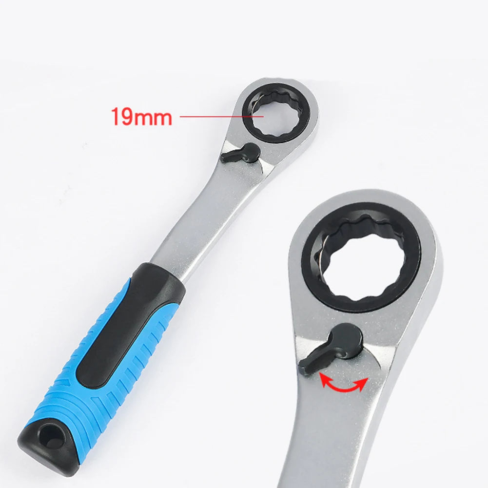 A silver pass-through socket tool with a blue handle and a 19mm opening is shown.