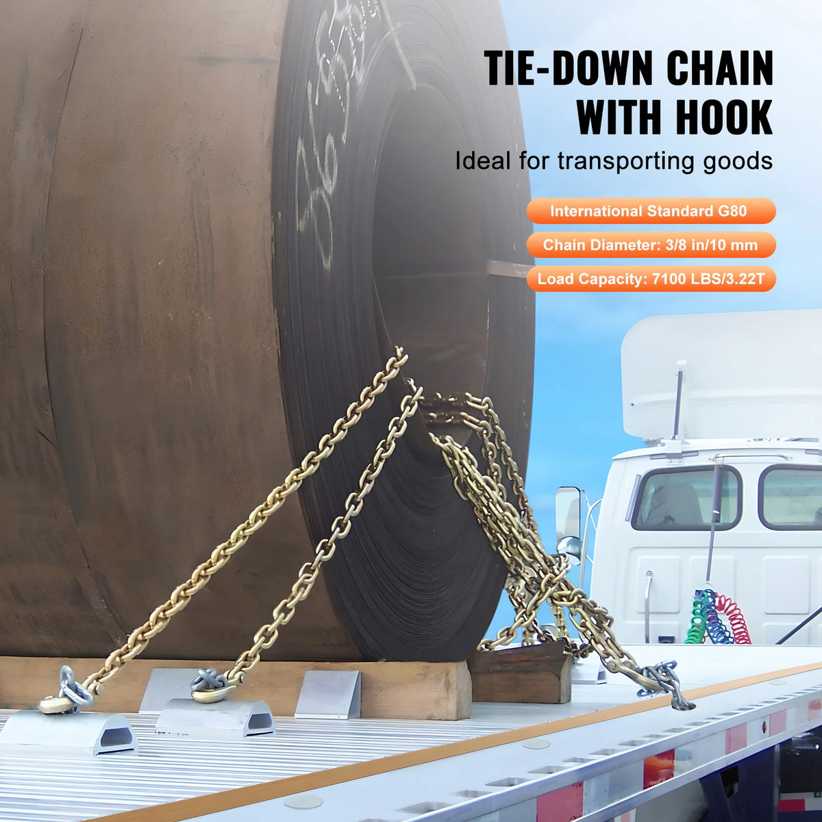 Tie-down chain with hook for transporting goods, featuring a 3/8 in/10 mm diameter chain.
