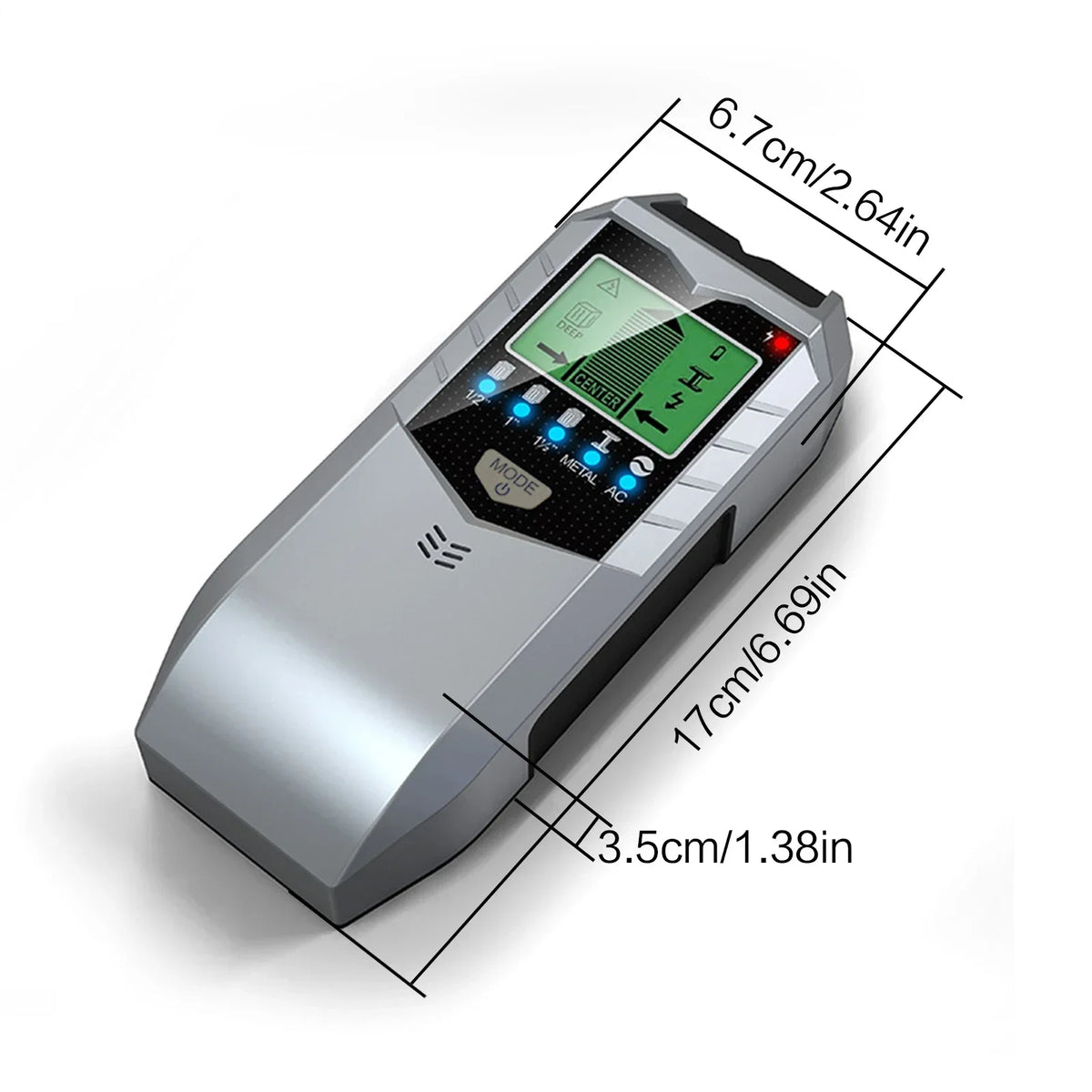 A silver handheld 5-in-1 wall metal detection tool with a digital display and various mode buttons.