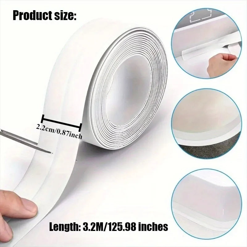 Roll of white heavy-duty waterproof sealing tape showing its size and application details.