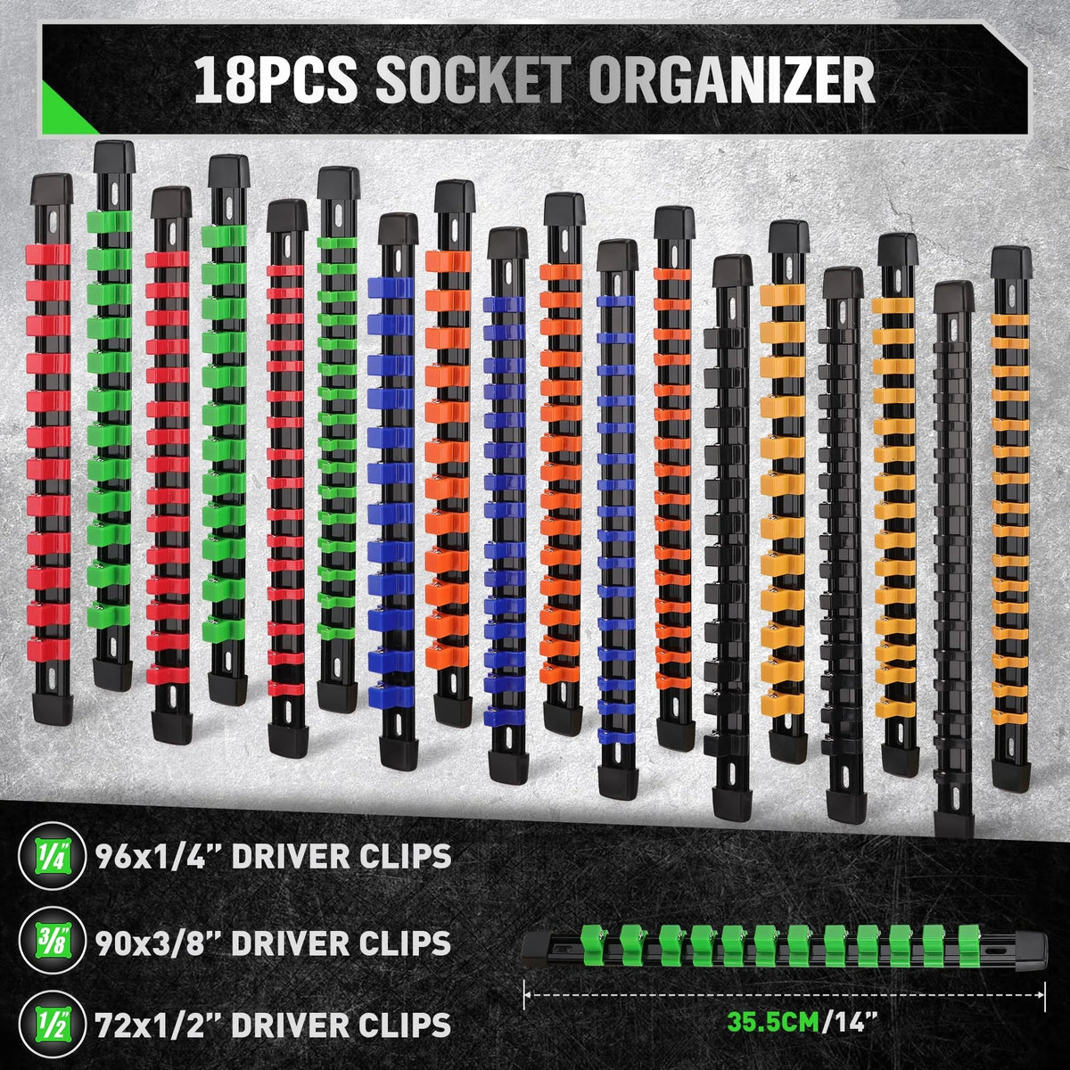 An organizer set featuring 18 pieces of various sized driver clips including 1/4, 3/8, and 1/2 inch sizes.
