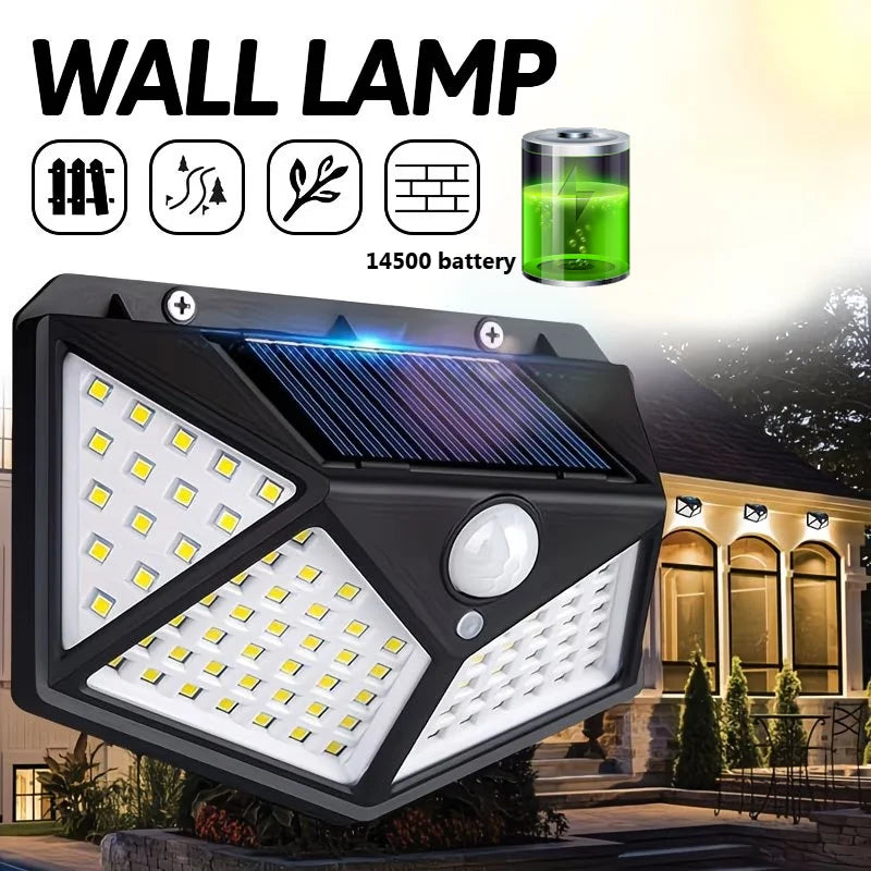 A black solar wall lamp with multiple LED lights is shown outdoors illuminating a house facade.