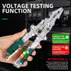 A hand holds a multi-functional electrical wire stripping pliers with green and red grips, demonstrating the voltage testing 