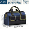 Navy blue tool storage bag with black accents and five pockets shown from the top view.