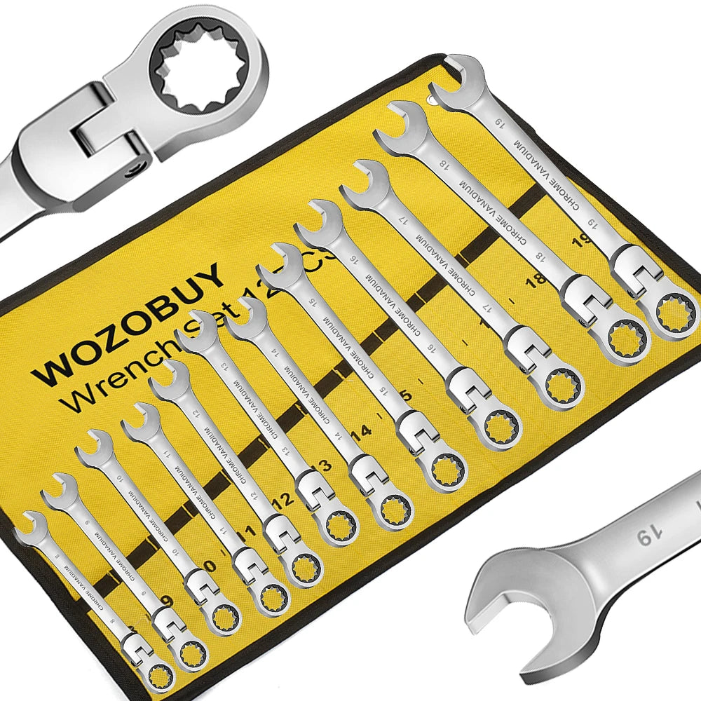 A yellow storage tray holds a set of chrome vanadium wrenches and a silver ratchet tool.