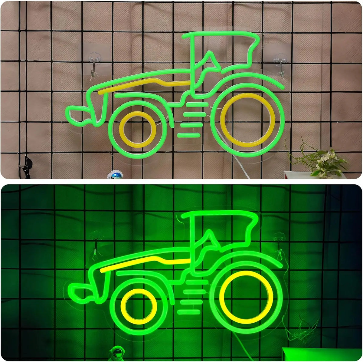 Neon-Schild eines grünen Traktors mit gelben Akzenten vor einem Gitterhintergrund