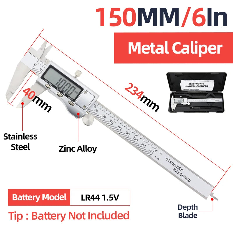 Calibrador digital con escala de 150mm y calibrador de metal junto a su estuche de batería.