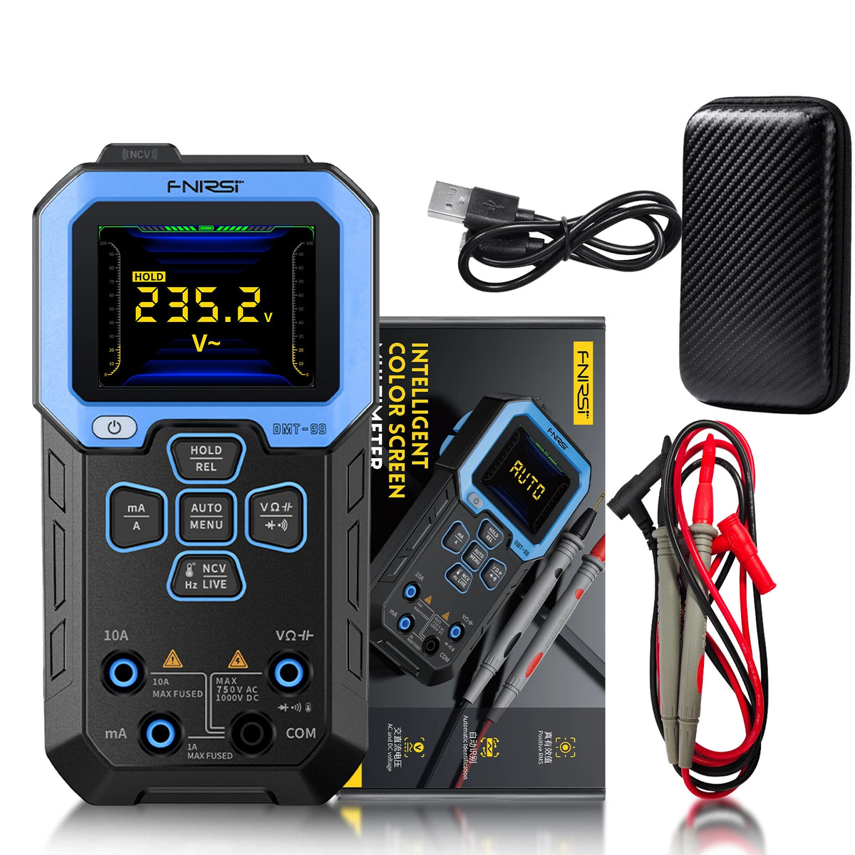 A digital multimeter in a black and blue casing with display showing 235.2V, along with accessories.