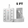 A white 8-outlet surge protection power strip with 6 USB ports and a power cord, labeled 5 FT.