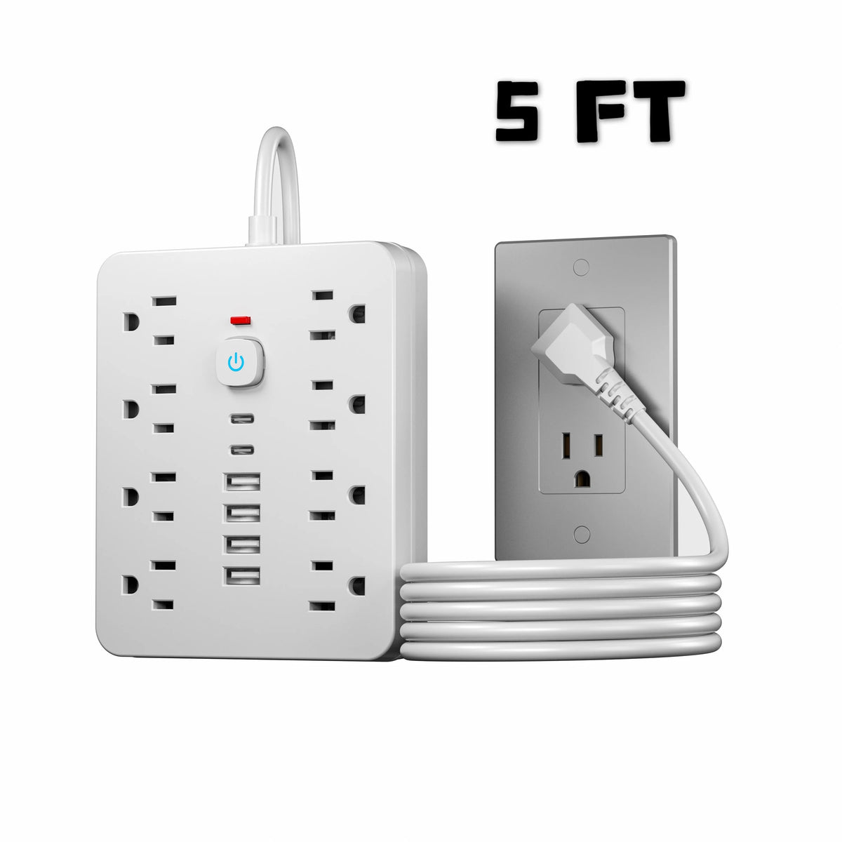 A white 8-outlet surge protection power strip with 6 USB ports and a power cord, labeled 5 FT.
